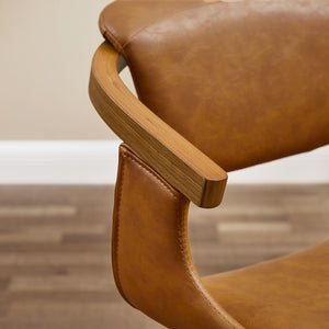 HomeRoots Gray Upholstered Faux Leather Arm Chair – Modern Swivel Dining Seating with Sturdy Wood Legs Brown 524943