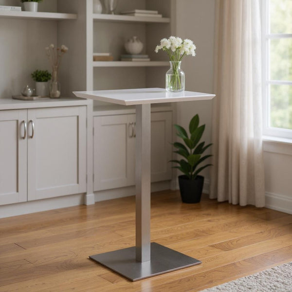 HomeRoots 24" Modern White & Silver Metallic Square Bar Table - Stylish, Space-Saving Design for Home & Cafes 524946