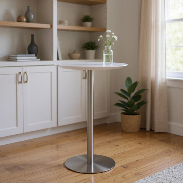 HomeRoots 26" Modern White & Silver High-Top Bar Table - Sleek, Durable Design for Home & Commercial Use 524947