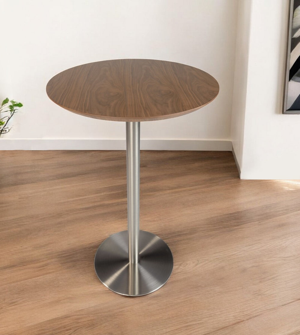 Homeroots 26" Wood Brown And Silver Metallic Rounded Steel Bar Table   524948