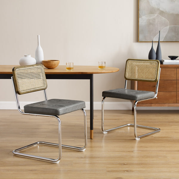 Homeroots Set Of Two Tufted Gray And Silver Upholstered Faux Leather Dining Side Chairs  Metal And Wood 524952