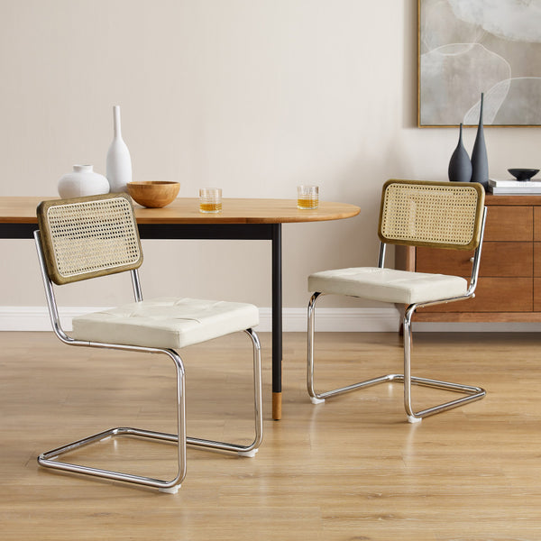 Homeroots Set Of Two Tufted Off White And Silver Upholstered Faux Leather Dining Side Chairs  Metal And Wood 524953