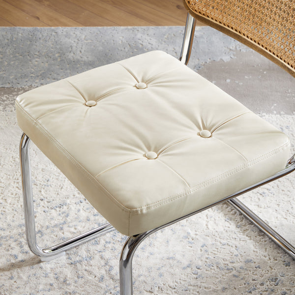 Homeroots Set Of Two Tufted Off White And Silver Upholstered Faux Leather Dining Side Chairs  Metal And Wood 524953