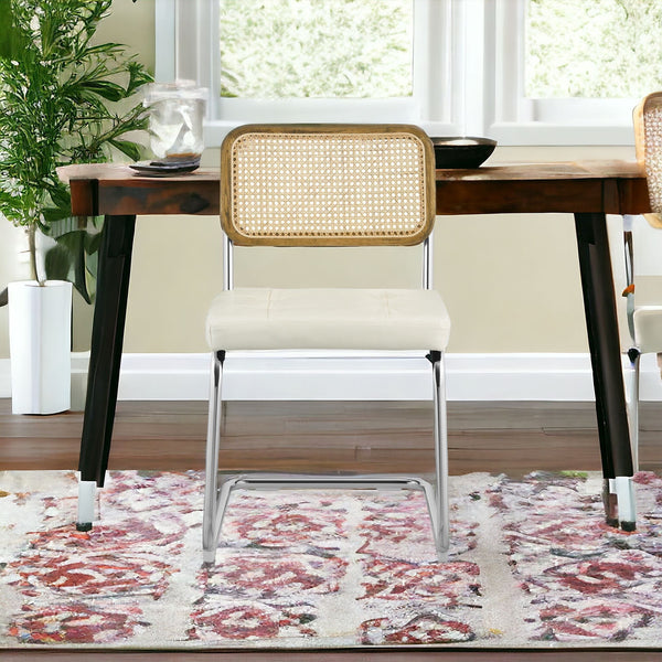 Homeroots Set Of Two Tufted Off White And Silver Upholstered Faux Leather Dining Side Chairs  Metal And Wood 524953