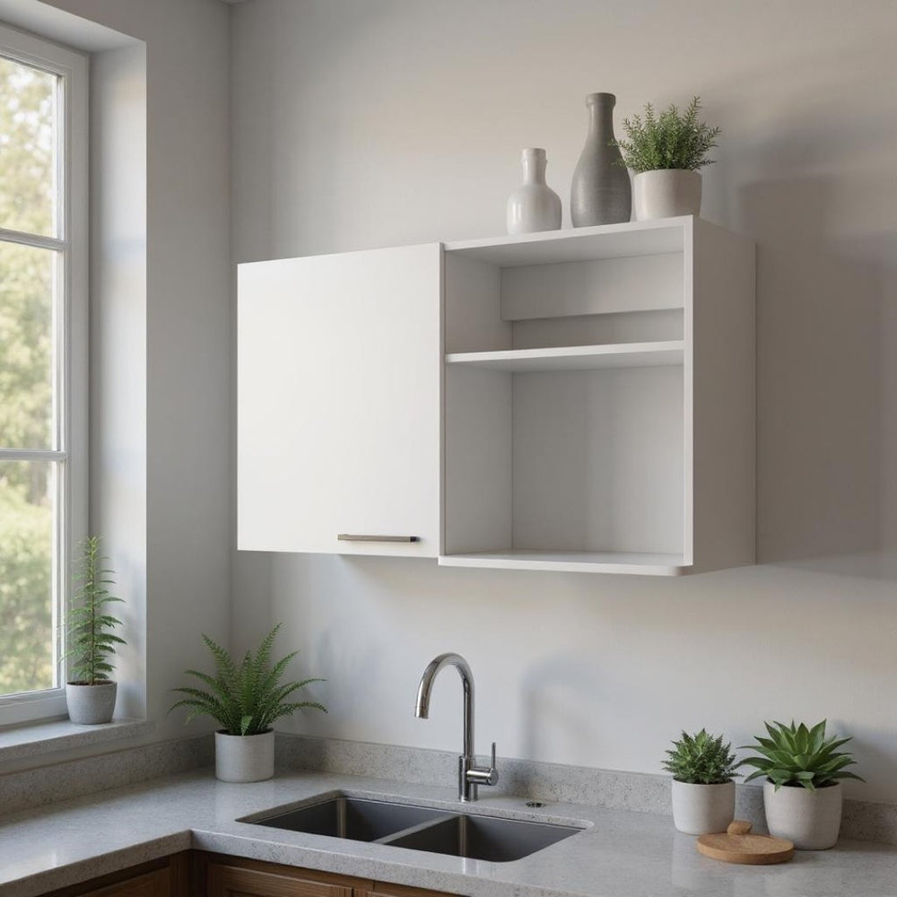 HomeRoots 39" White Wall-Mounted Accent Cabinet - Modern Storage Solution with Concealed & Open Display Space 524969