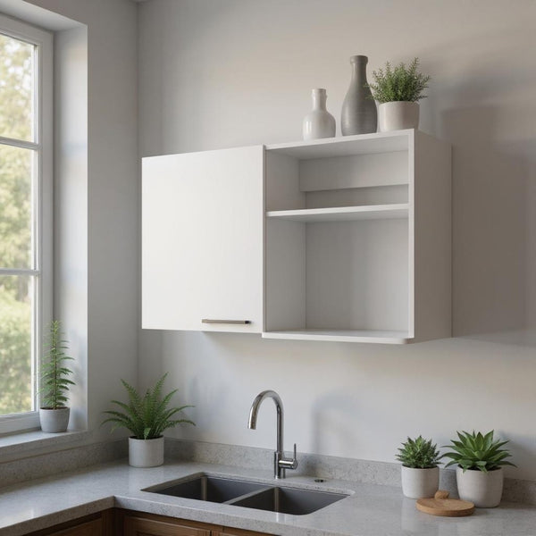 HomeRoots 39" White Wall-Mounted Accent Cabinet - Modern Storage Solution with Concealed & Open Display Space 524969
