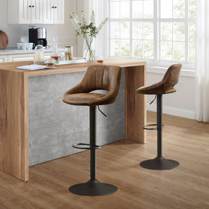 Homeroots Set Of Two 32" Brown And Black Faux Leather And Steel Swivel Low Back Adjustable Height Bar Chairs   524974
