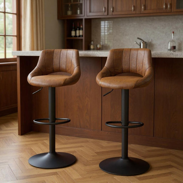 HomeRoots Gray Upholstered Faux Leather Arm Chair – Modern Swivel Dining Seating with Sturdy Wood Legs Brown 524974