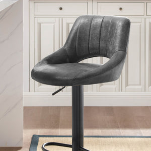 Homeroots Set Of Two 32" Gray And Black Faux Leather And Steel Swivel Low Back Adjustable Height Bar Chairs   524975