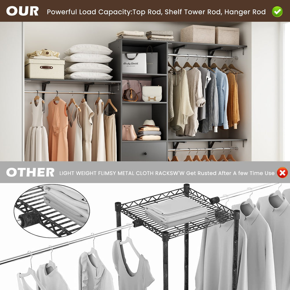 English Elm Closet Organizer - Stylish High-Capacity Wardrobe Rack With 3 Drawers & Expandable Hanger Rods, 1000 Lb Support T3623P409121