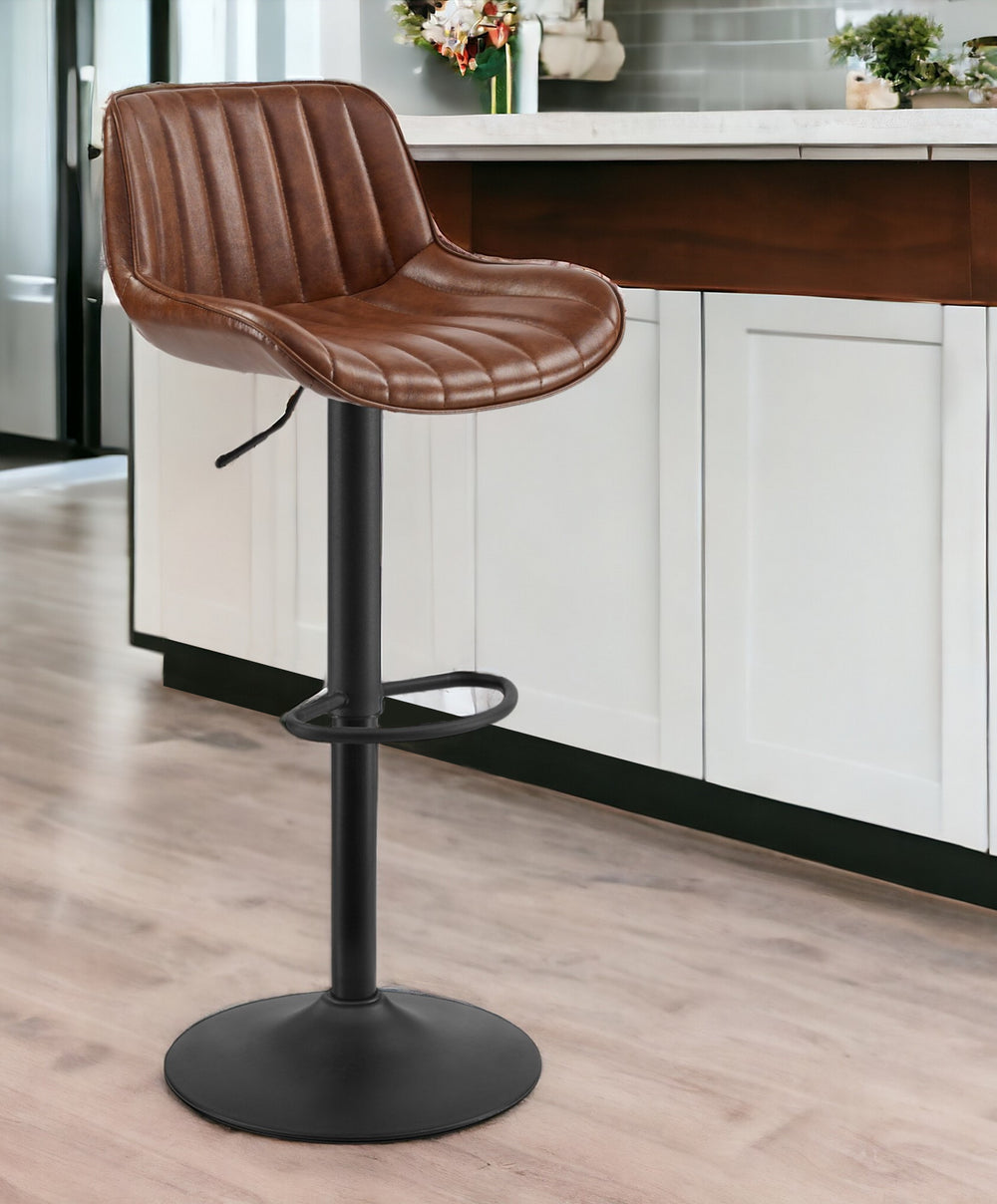 Homeroots Set Of Two Brown And Black Faux Leather And Steel Low Back Adjustable Height Swivel Bar Chairs   524976