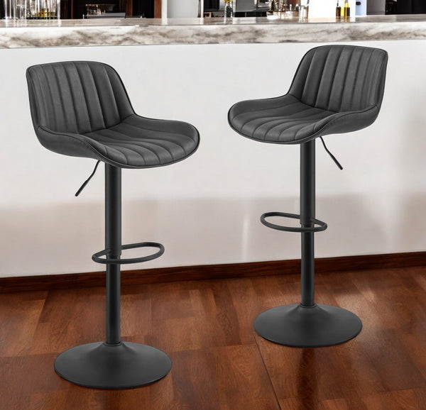 Homeroots Set Of Two 31" Black Faux Leather And Steel Swivel Low Back Adjustable Height Bar Chairs   524978