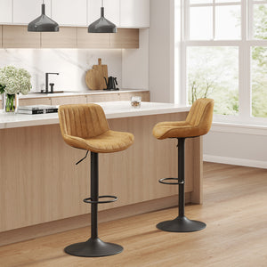 Homeroots Set Of Two 31" Yellow And Black Faux Leather And Steel Swivel Low Back Adjustable Height Bar Chairs   524980