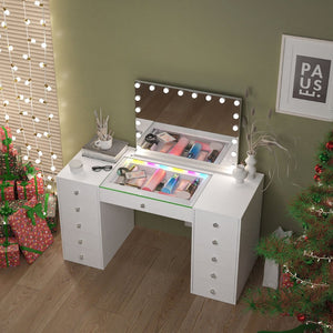 English Elm Vanity Desk Hollywood Mirror 18 Led Bulbs Rgb Strip Bluetooth Speakers 11 Drawers W3660S00003