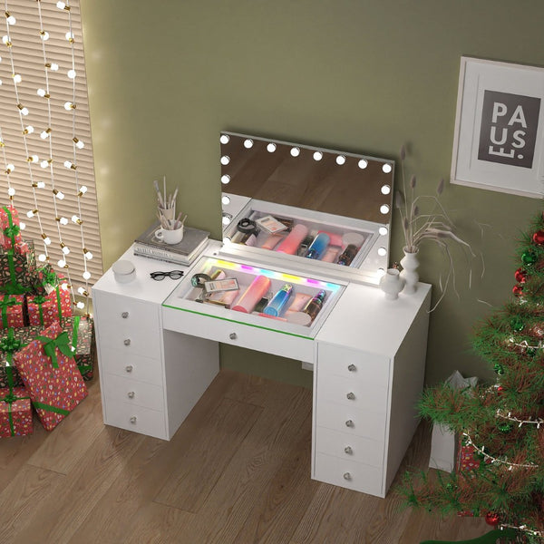 English Elm Vanity Desk Hollywood Mirror 18 Led Bulbs Rgb Strip Bluetooth Speakers 11 Drawers W3660S00003