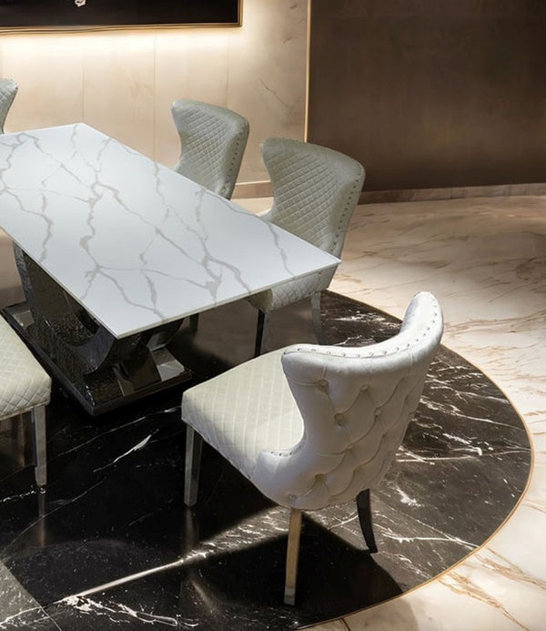 English Elm Glam Side Chair Set - Modern White Upholstery With Diamond Pattern, Nailhead Trim & Silver Legs B2741P406809