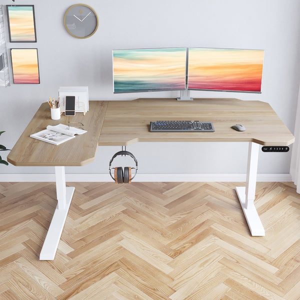 English Elm L-shaped Electric Standing Desk with Memory Presets and Cable Management for Home Office Oak,White W614P431991