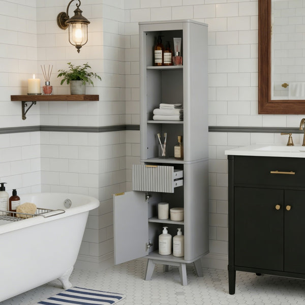 English Elm 68" Tall Fluted Freestanding Storage Cabinet with Drawer and Adjustable Shelf for Bathroom Gray N817P375218G