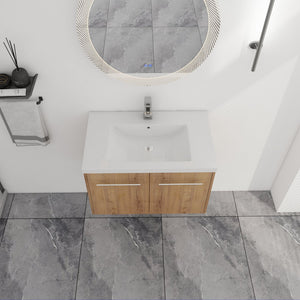 English Elm 30 30 Inch Soft Close Vanity with Resin Sink, Open Shelf Storage & Rust‑Resistant Metal Handles, KD-Pack W999P188194