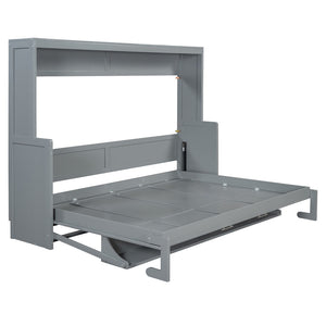 English Elm Queen Size Murphy Bed With Hydraulic Lift & Integrated Desk - Space-Saving Gray Design For Versatile Living N820S00033E-GIGA