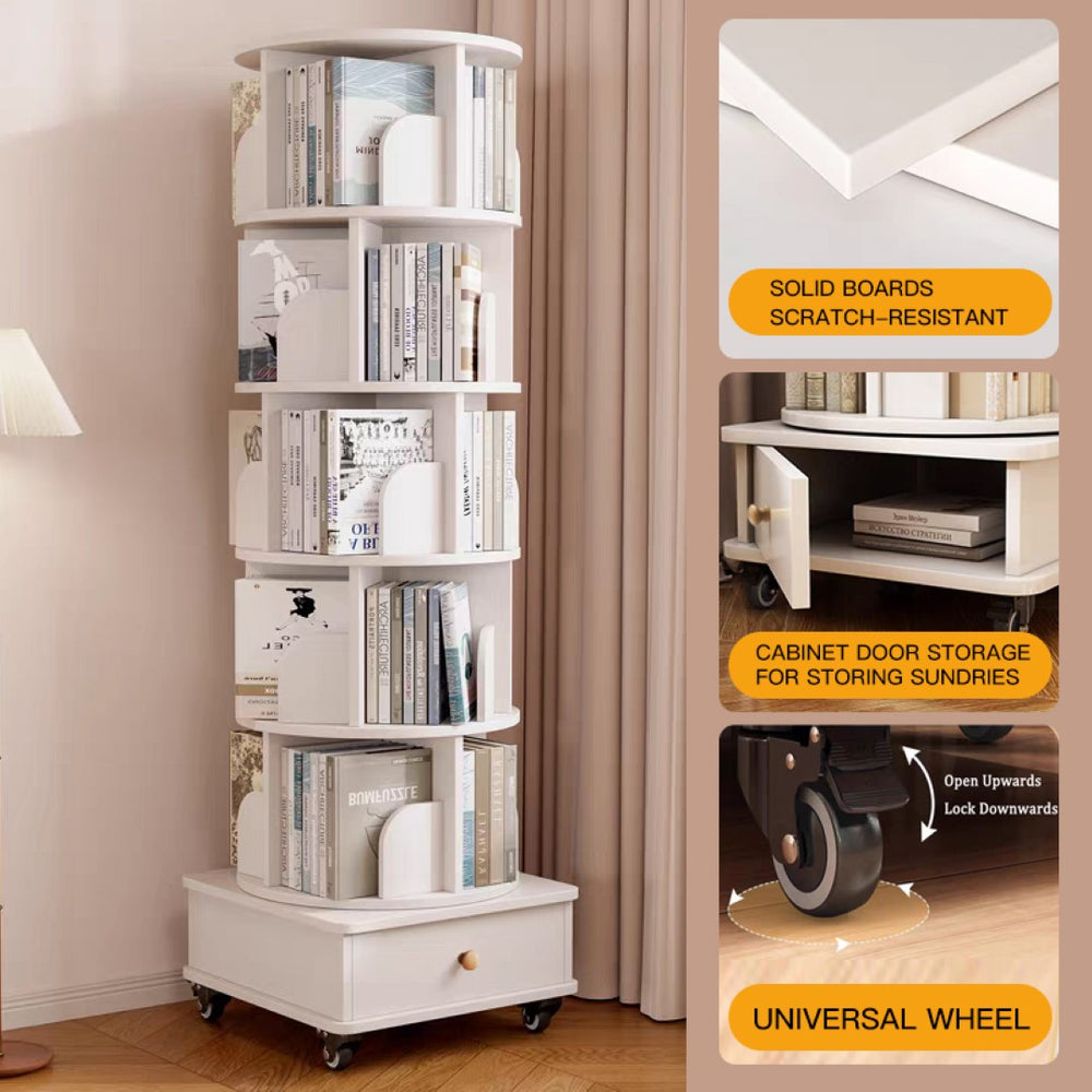 English Elm Rotating 6-Tier Corner Bookshelf With Drawer - Stylish 360° Swivel Storage For Small Spaces, White W2641P329209-GIGA