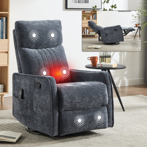 English Elm Blue Fabric Swivel Rocker Recliner with Massage Heat Nodes for Living Room Comfort Blue W1803P321823