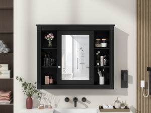 English Elm 35'' Modern Wall Medicine Cabinet with Mirror, Black MDF Storage, Soft-Close Hinges, Towel Rod, Adjustable Shelves N710P197128B