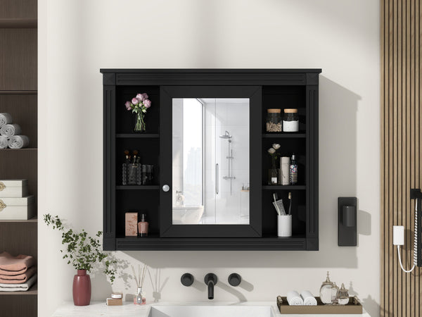 English Elm 35'' Modern Wall Medicine Cabinet with Mirror, Black MDF Storage, Soft-Close Hinges, Towel Rod, Adjustable Shelves N710P197128B