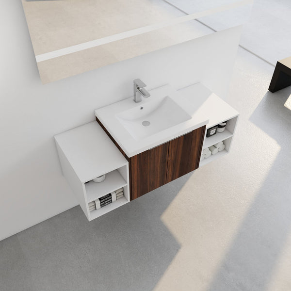 English Elm 48 Inch Wall Mounted Bathroom Vanity with Resin Sink, Soft-Close Doors, Metal Handles, Storage—Durable Eco Plywood California Walnut W999S00185