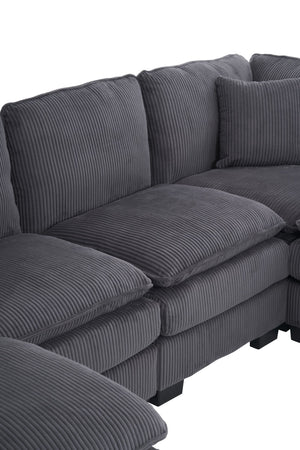 English Elm Modern U Shaped 6-Seat Sectional Sofa with Ottoman and 3 Toss Pillows, Corduroy Modular Comfort and Durable Frame Grey W2363S00041