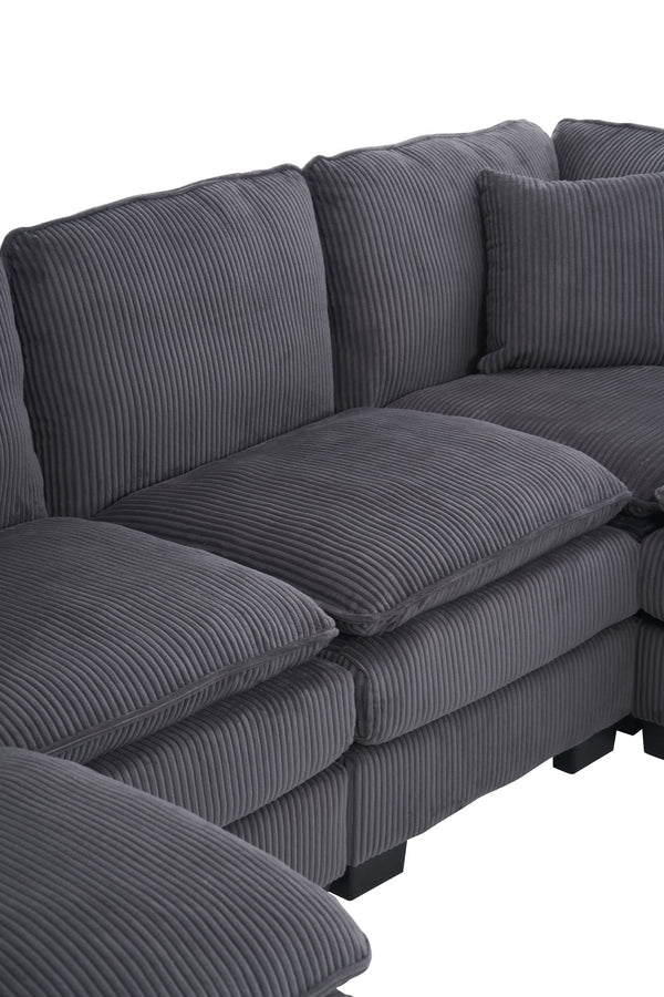 English Elm Modern U Shaped 6-Seat Sectional Sofa with Ottoman and 3 Toss Pillows, Corduroy Modular Comfort and Durable Frame Grey W2363S00041