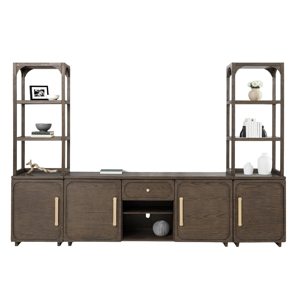 English Elm Transitional Vellara Entertainment Center Dark Walnut Finish 118"W x 78"H Recessed Panels, Gold Handles B2741S00692