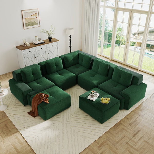English Elm Modular Corduroy Sectional Sofa V Shaped 5 Seat Living Room Couch with Ottoman Green W714S01583