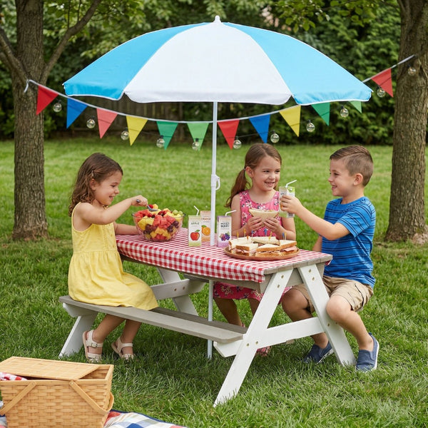 English Elm Wooden Cedar Kids Outdoor Picnic Activity Table with Shade Umbrella for Backyard Play D720094435
