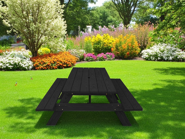 Homeroots Black Solid Wood Dining Set With Two Benches & Umbrella Hole - Perfect For Family Gatherings!   525005