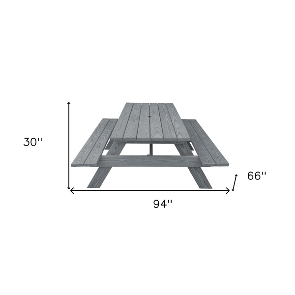 Homeroots 94" Gray Solid Wood Outdoor Picnic Table With Umbrella Hole  Solid Wood 525006