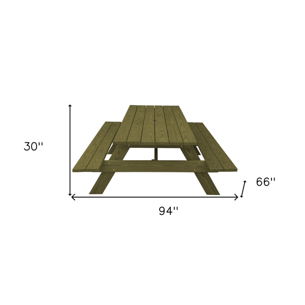 Homeroots 94" Green Solid Wood Outdoor Picnic Table With Umbrella Hole  Solid Wood 525007