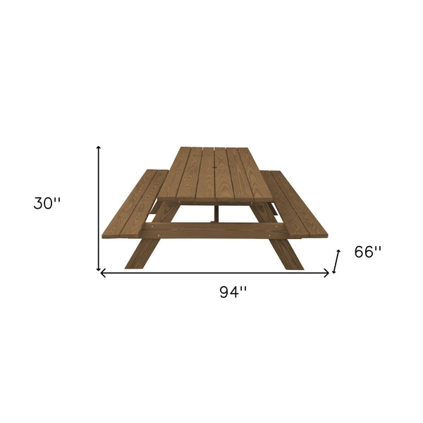 Homeroots 94" Wood Brown Solid Wood Outdoor Picnic Table With Umbrella Hole  Solid Wood 525008