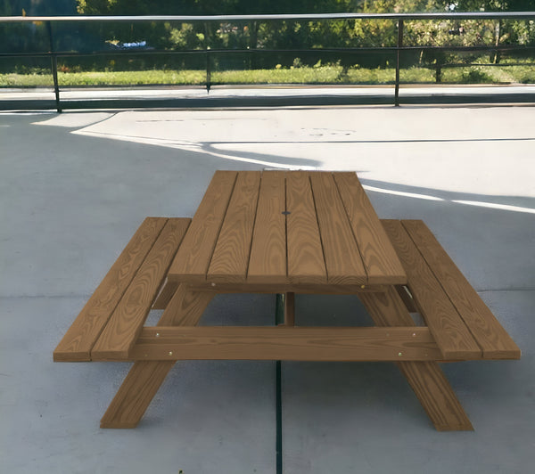 Homeroots 94" Wood Brown Solid Wood Outdoor Picnic Table With Umbrella Hole  Solid Wood 525008