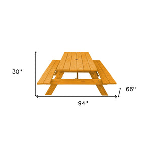 Homeroots 94" Natural Solid Wood Outdoor Picnic Table With Umbrella Hole  Solid Wood 525009