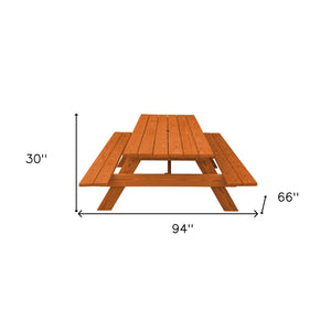 Homeroots 94" Redwood Solid Wood Outdoor Picnic Table With Umbrella Hole  Solid Wood 525010