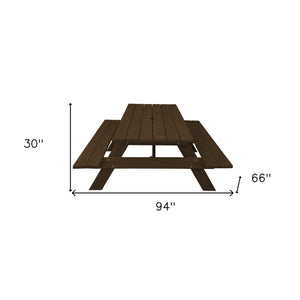 Homeroots 94" Dark Brown Solid Wood Outdoor Picnic Table With Umbrella Hole  Solid Wood 525011