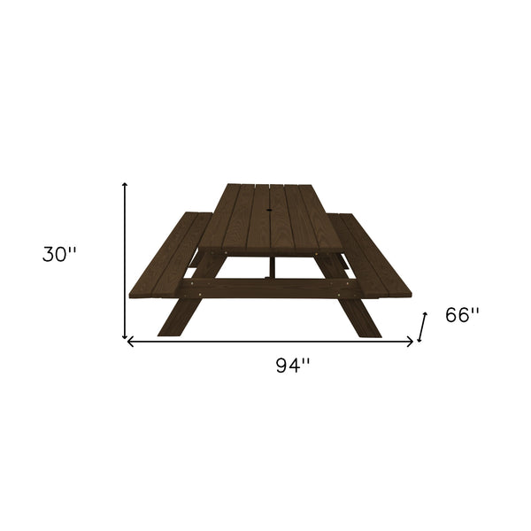 Homeroots 94" Dark Brown Solid Wood Outdoor Picnic Table With Umbrella Hole  Solid Wood 525011
