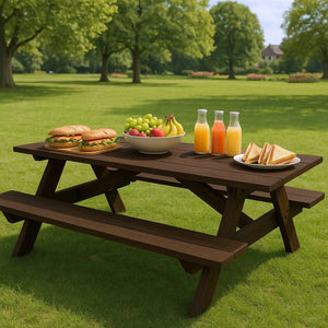 HomeRoots 94" Dark Brown Solid Wood Outdoor Picnic Table - Durable, Stylish, Umbrella-Ready Seating for 10 525011