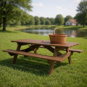 HomeRoots 94" Dark Brown Solid Wood Outdoor Picnic Table - Durable, Stylish, Umbrella-Ready Seating for 10 525011