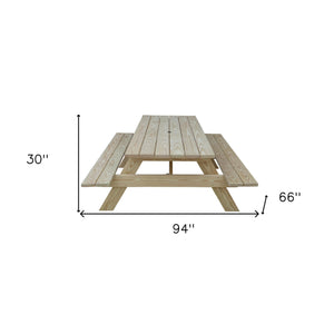 Homeroots 94" Beige Solid Wood Outdoor Picnic Table With Umbrella Hole  Solid Wood 525012