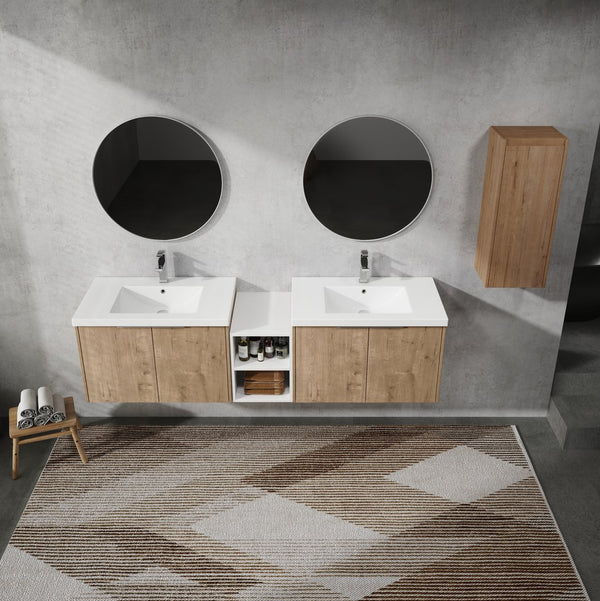 English Elm 72" Wall-Mounted Bathroom Vanity Set With Dual Sinks, Soft-Close Doors & Side Cabinet For Storage W999S00227