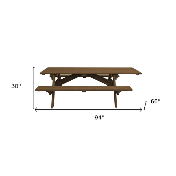 Homeroots 94" Wood Brown Solid Wood Outdoor Picnic Table With Umbrella Hole  Solid Wood 525023
