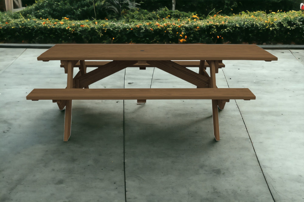 Homeroots 94" Wood Brown Solid Wood Outdoor Picnic Table With Umbrella Hole  Solid Wood 525023