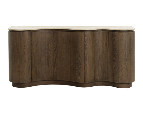 Sunpan FABLE Sideboard: Elegant Solid Oak Storage with Curved Design and Travertine Top for Modern Homes 112360